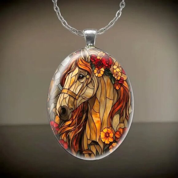 Silver Oval Shaped HORSE Flowers Pendant Necklace - Picture 2 of 3
